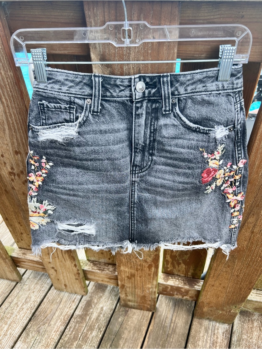 Abercrombie & Fitch Washed Black Denim Mini Skirt with Floral Embroidery